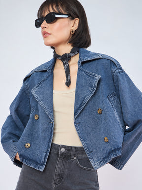 Blue Wash Denim Double-Breasted Crop Blazer-SASSAFRAS