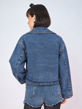 Blue Wash Denim Double-Breasted Crop Blazer-SASSAFRAS
