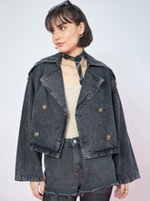 Black Wash Denim Double-Breasted Crop Blazer-SASSAFRAS