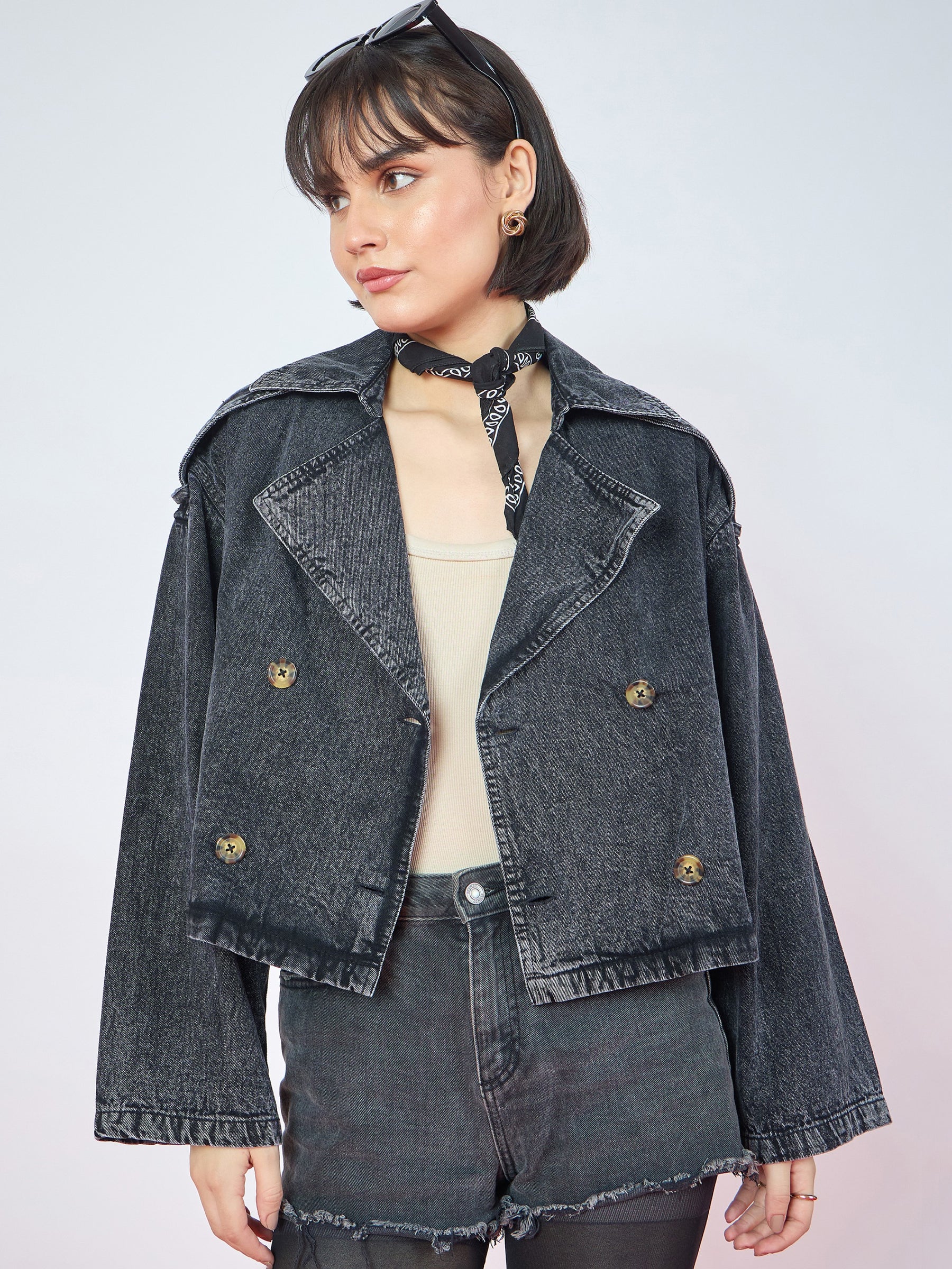 Black Wash Denim Double-Breasted Crop Blazer-SASSAFRAS