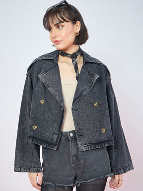 Black Wash Denim Double-Breasted Crop Blazer-SASSAFRAS