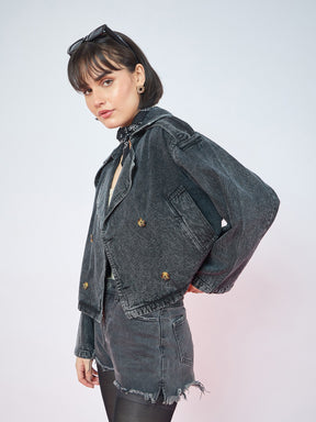 Black Wash Denim Double-Breasted Crop Blazer-SASSAFRAS
