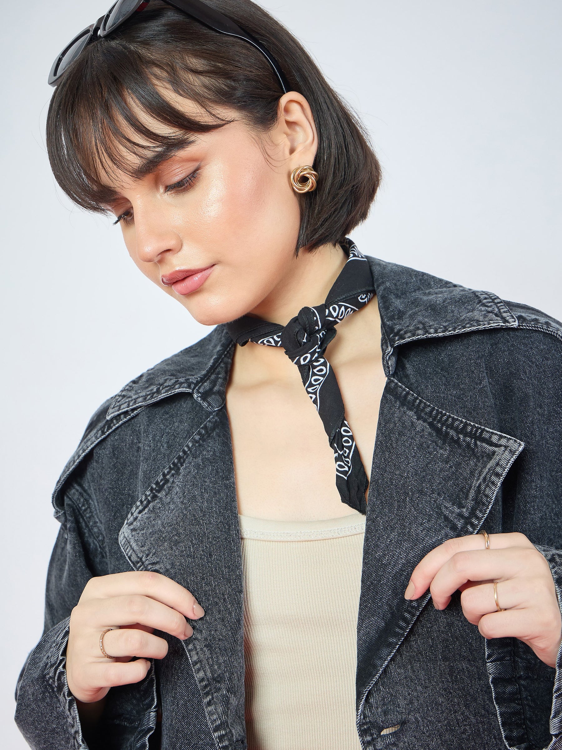 Black Wash Denim Double-Breasted Crop Blazer-SASSAFRAS