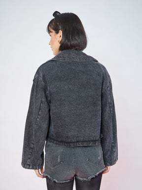 Black Wash Denim Double-Breasted Crop Blazer-SASSAFRAS