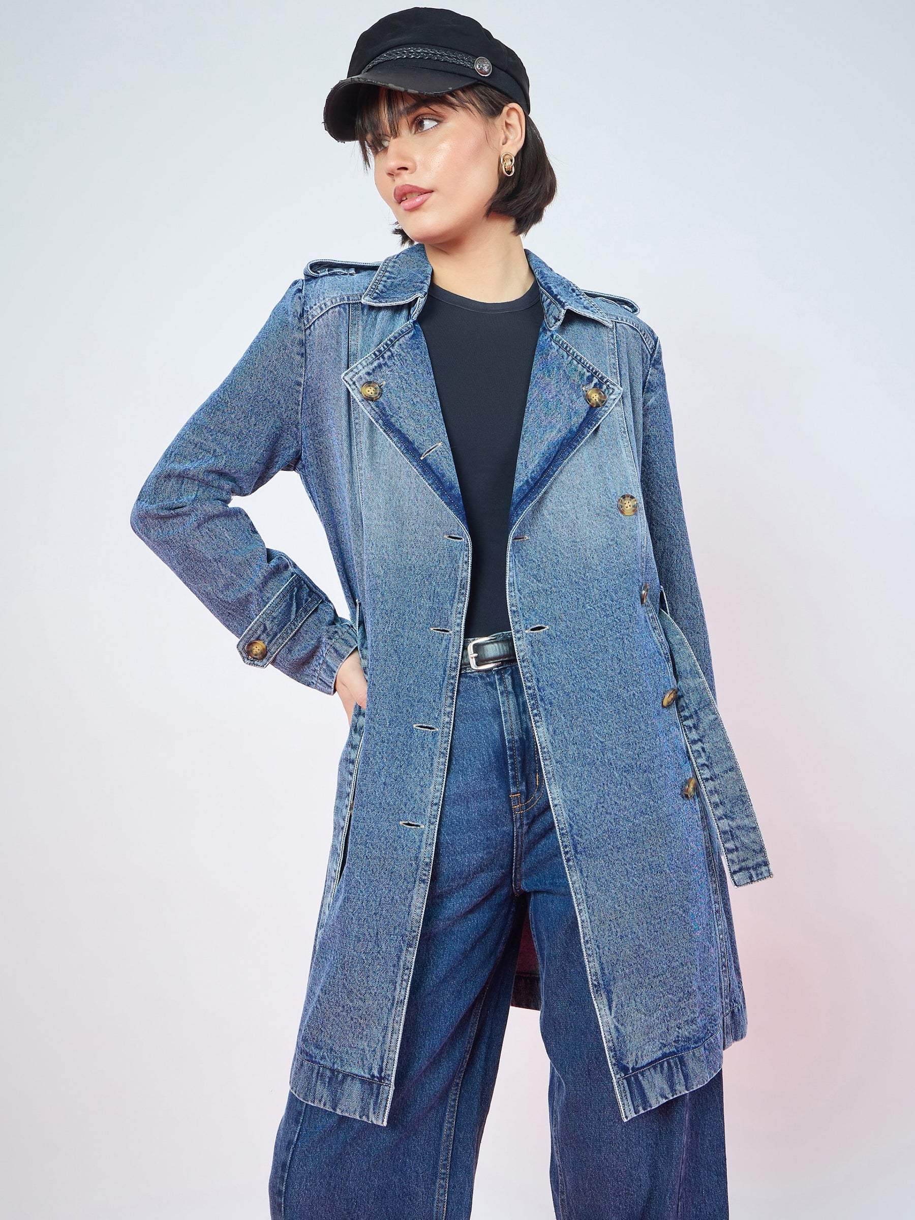 Blue Blast Wash Denim Self Fabric Belt Trench Coat-SASSAFRAS