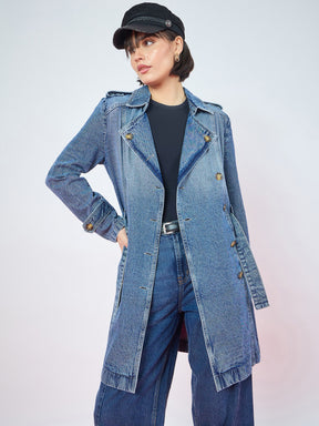 Blue Blast Wash Denim Self Fabric Belt Trench Coat-SASSAFRAS
