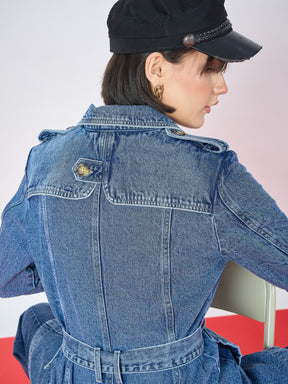 Blue Blast Wash Denim Self Fabric Belt Trench Coat-SASSAFRAS
