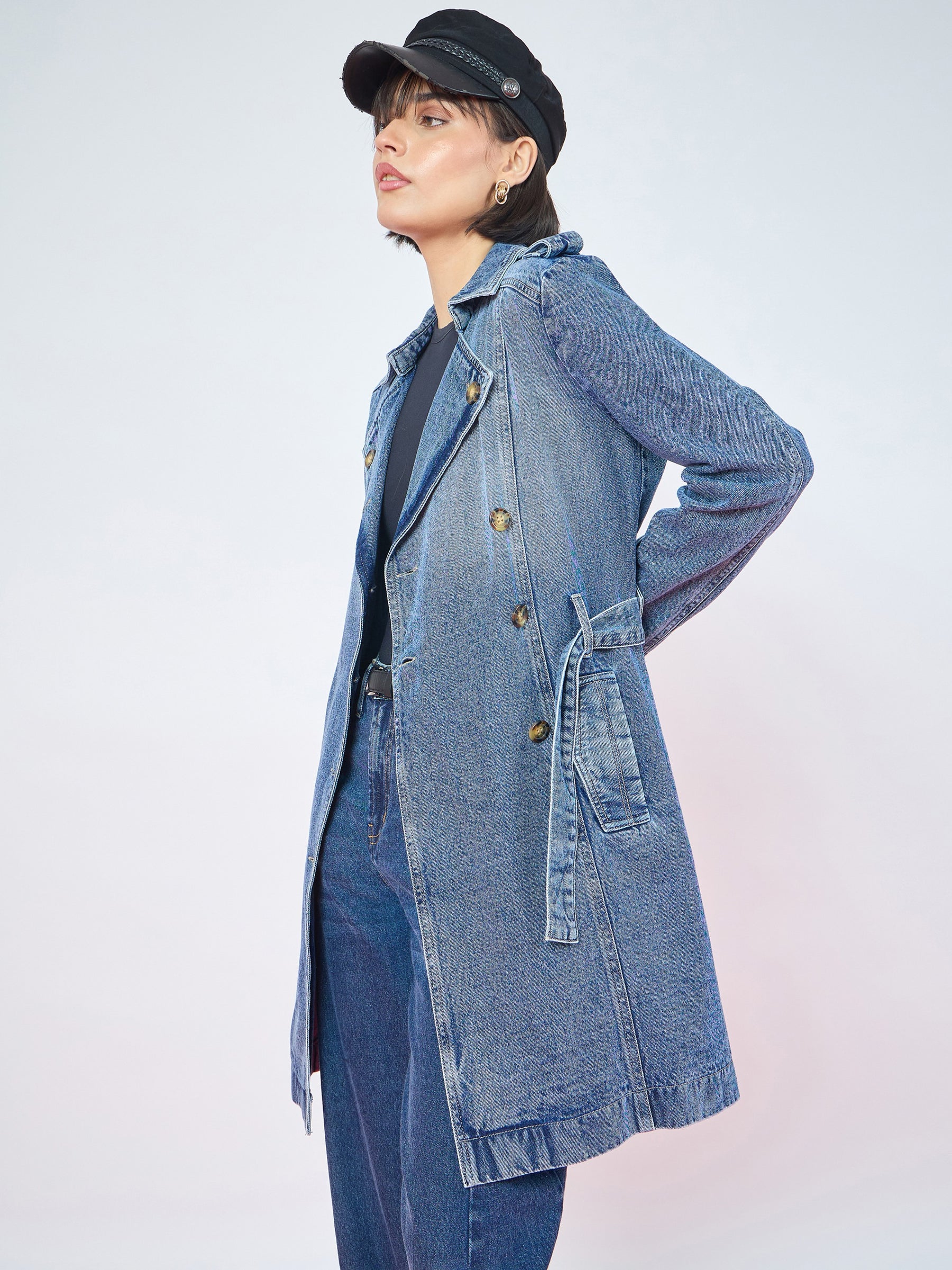 Blue Blast Wash Denim Self Fabric Belt Trench Coat-SASSAFRAS