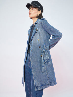 Blue Blast Wash Denim Self Fabric Belt Trench Coat-SASSAFRAS