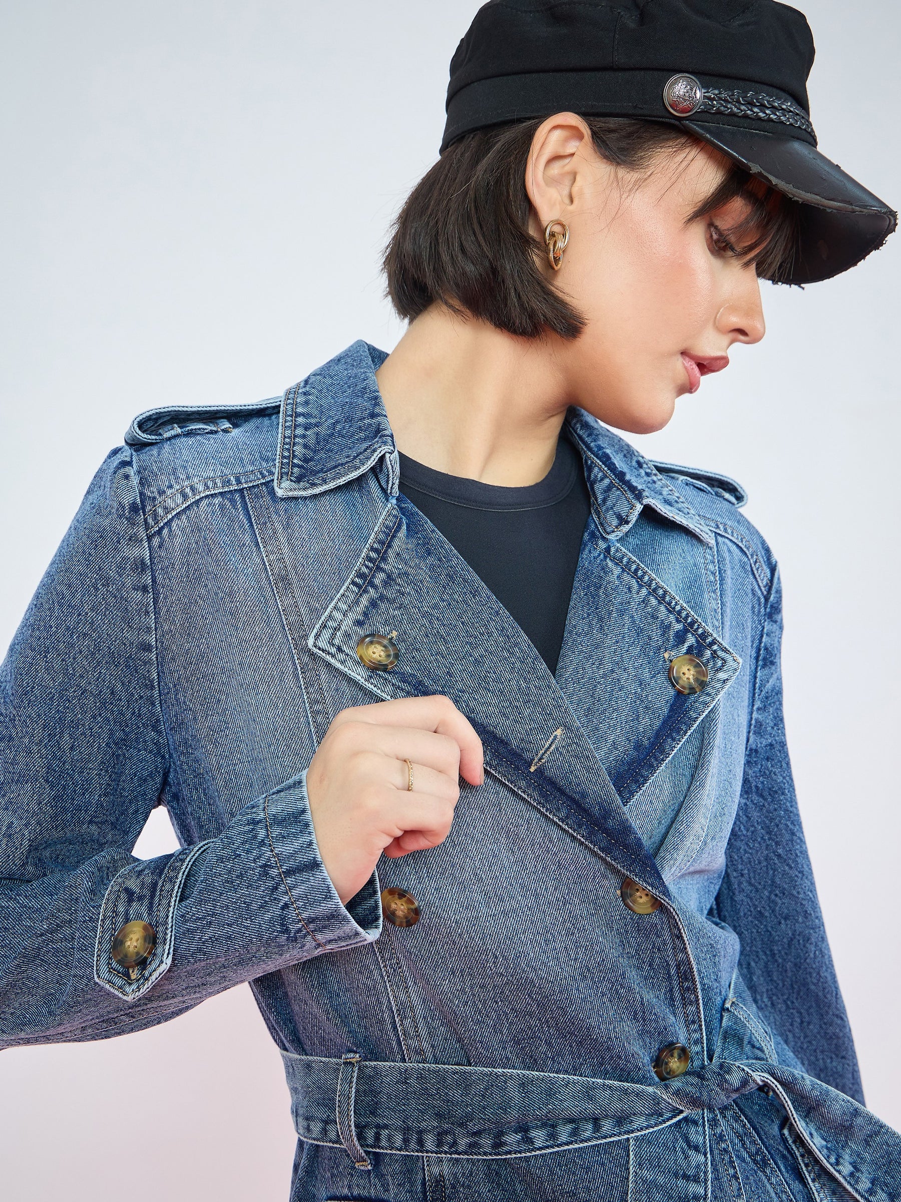 Blue Blast Wash Denim Self Fabric Belt Trench Coat-SASSAFRAS
