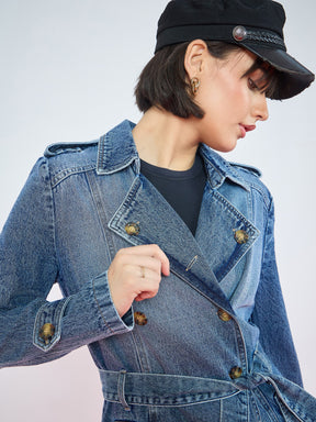 Blue Blast Wash Denim Self Fabric Belt Trench Coat-SASSAFRAS