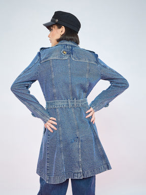 Blue Blast Wash Denim Self Fabric Belt Trench Coat-SASSAFRAS