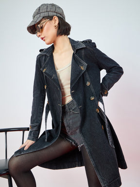 Black Wash Denim Self Fabric Belt Trench Coat-SASSAFRAS