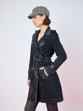 Black Wash Denim Self Fabric Belt Trench Coat-SASSAFRAS