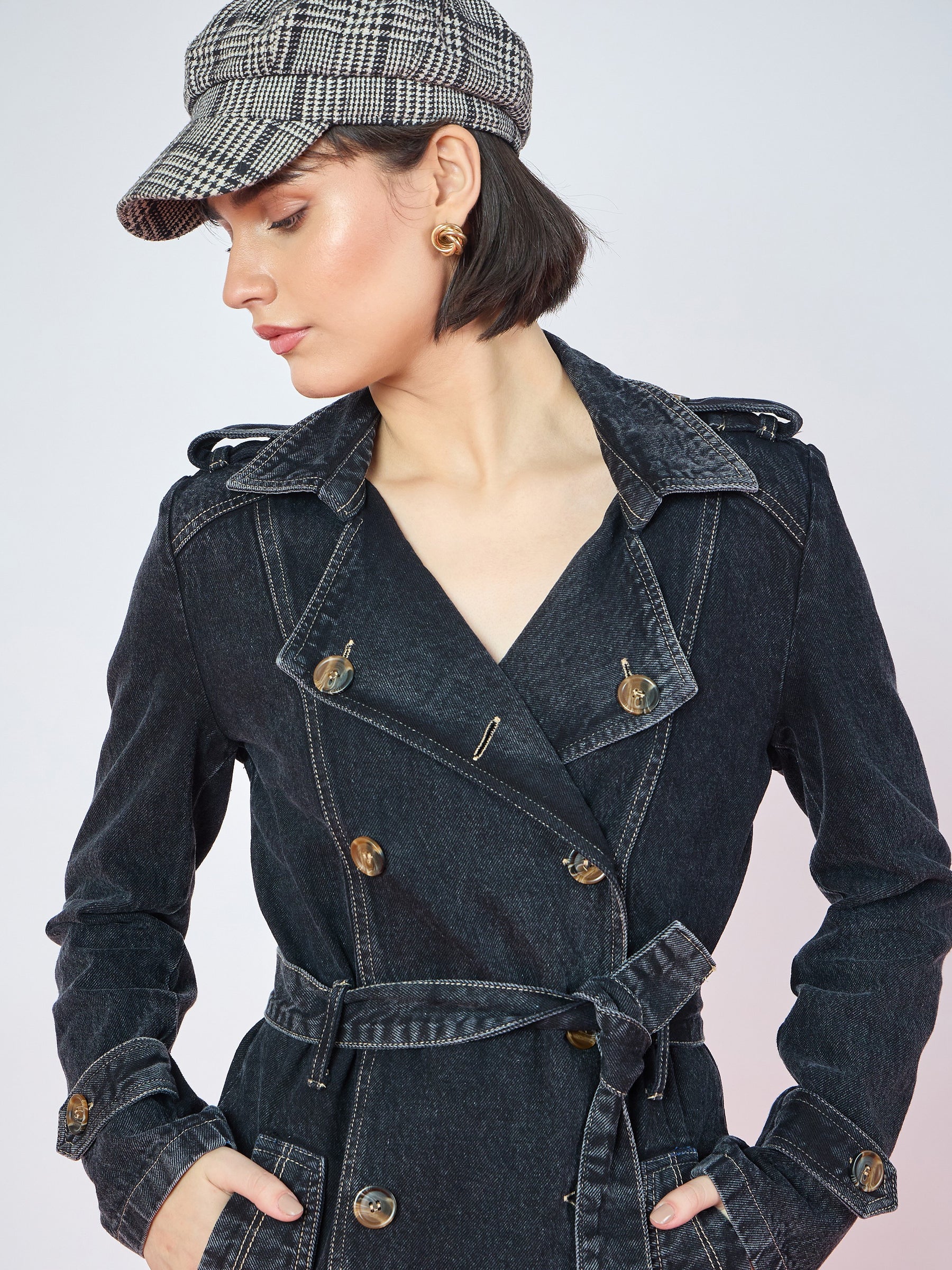 Black Wash Denim Self Fabric Belt Trench Coat-SASSAFRAS