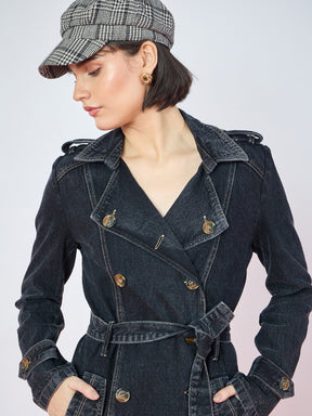 Black Wash Denim Self Fabric Belt Trench Coat-SASSAFRAS