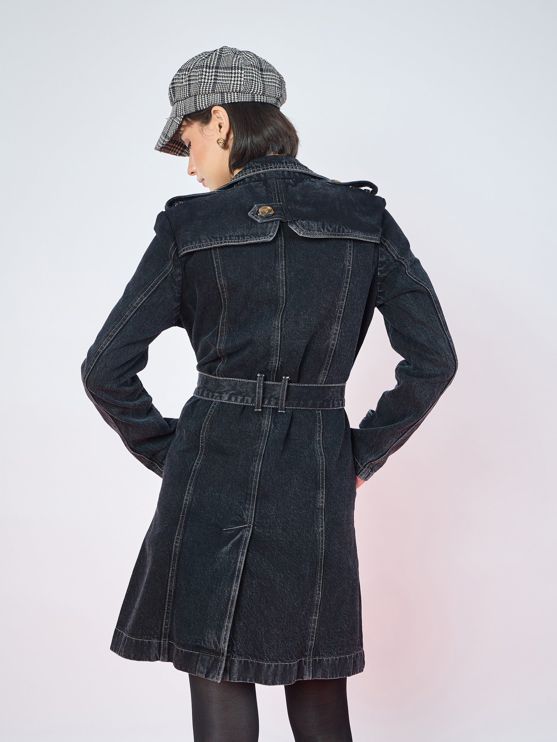 Black Wash Denim Self Fabric Belt Trench Coat-SASSAFRAS