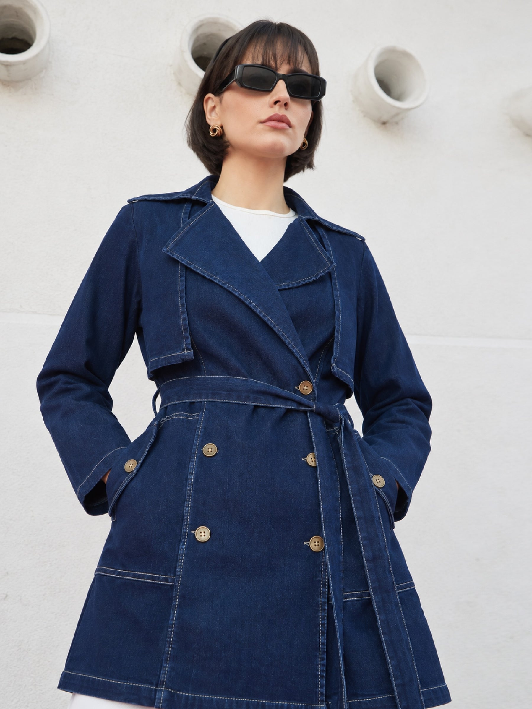 Blue Washed Denim Longline Trench Coat-SASSAFRAS