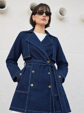Blue Washed Denim Longline Trench Coat-SASSAFRAS