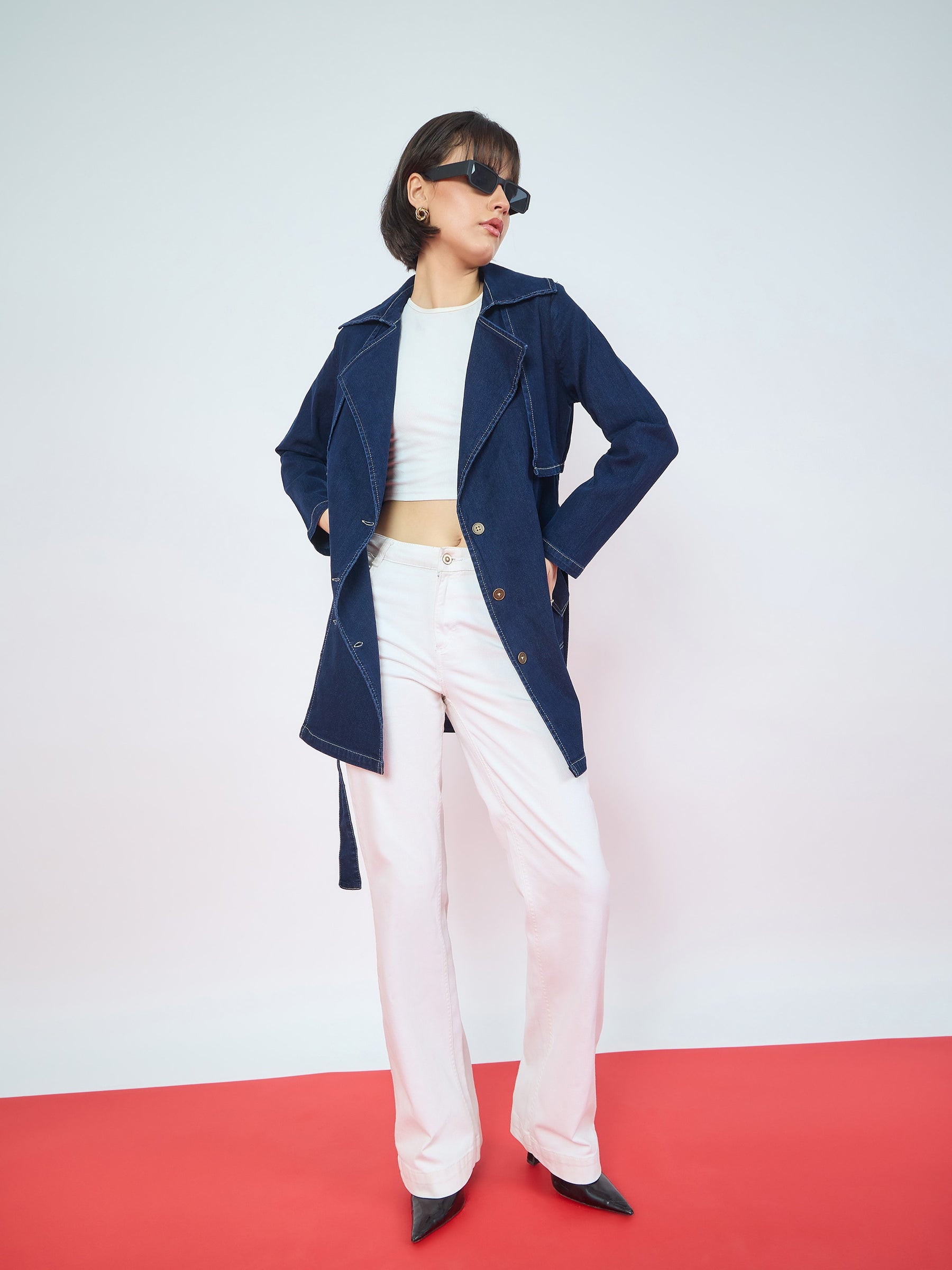 Blue Washed Denim Longline Trench Coat-SASSAFRAS