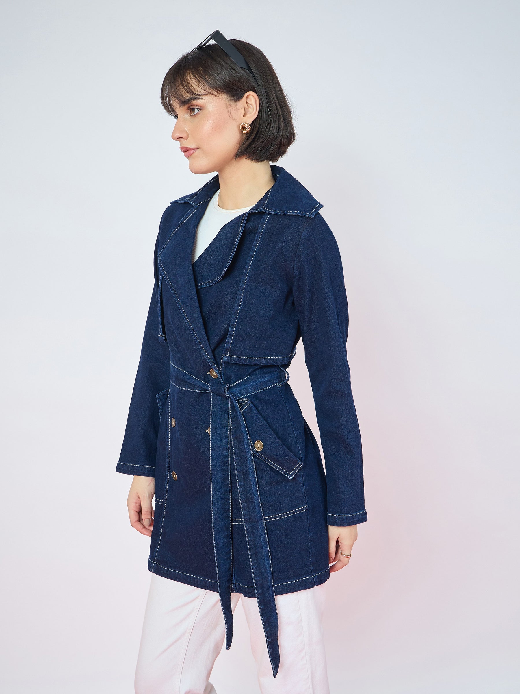 Blue Washed Denim Longline Trench Coat-SASSAFRAS