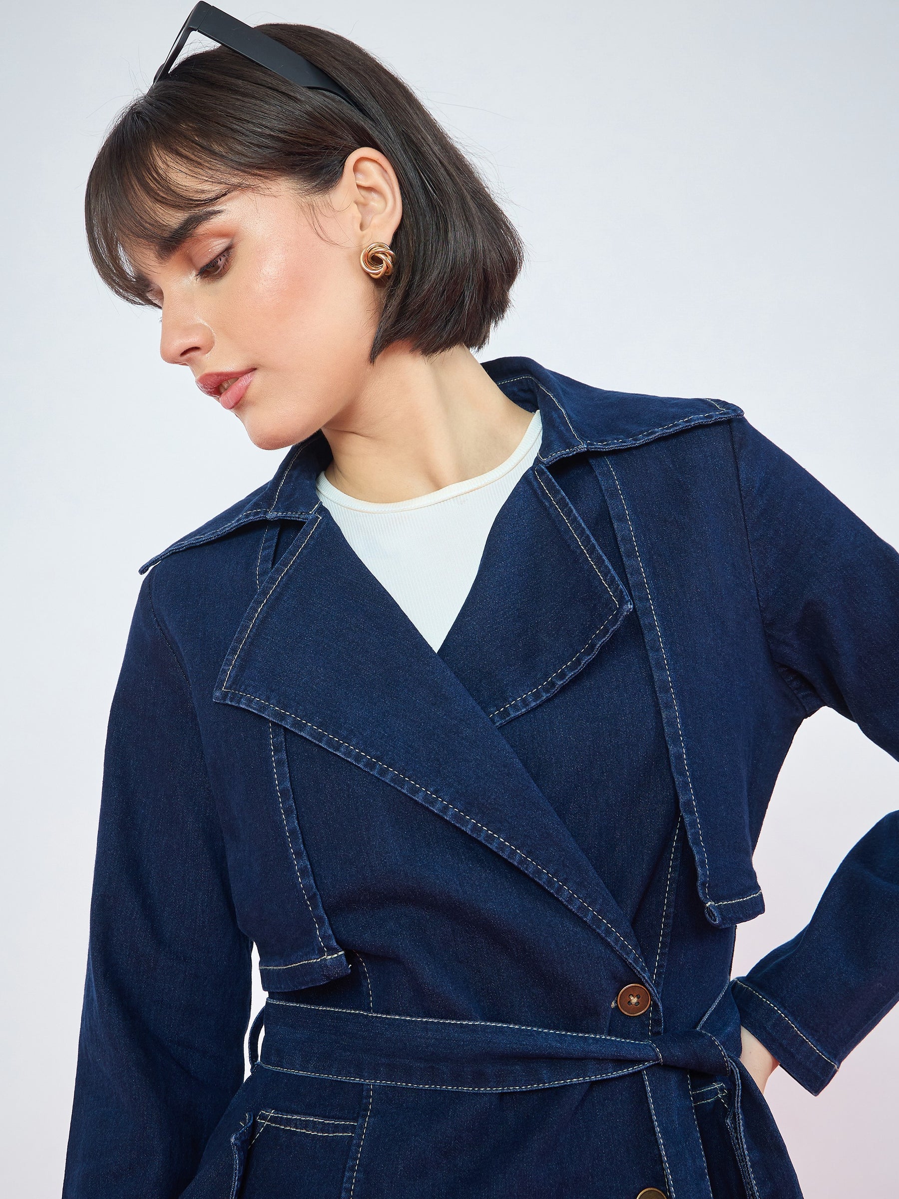 Blue Washed Denim Longline Trench Coat-SASSAFRAS
