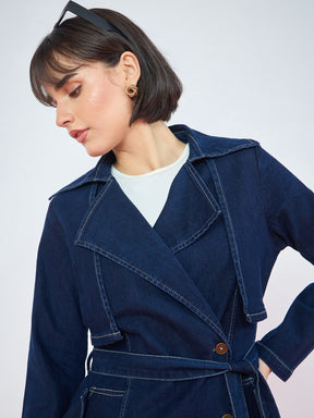 Blue Washed Denim Longline Trench Coat-SASSAFRAS