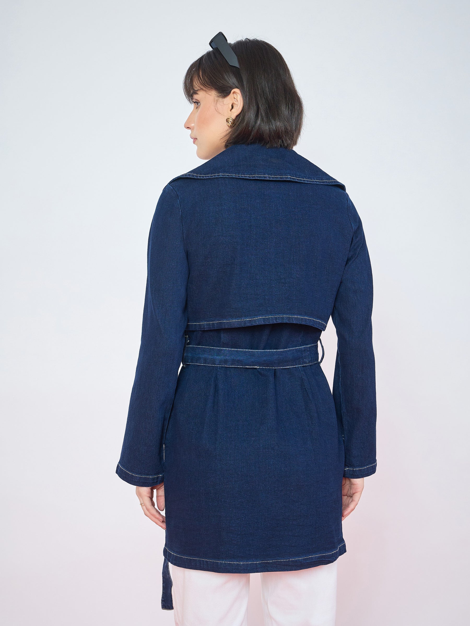 Blue Washed Denim Longline Trench Coat-SASSAFRAS