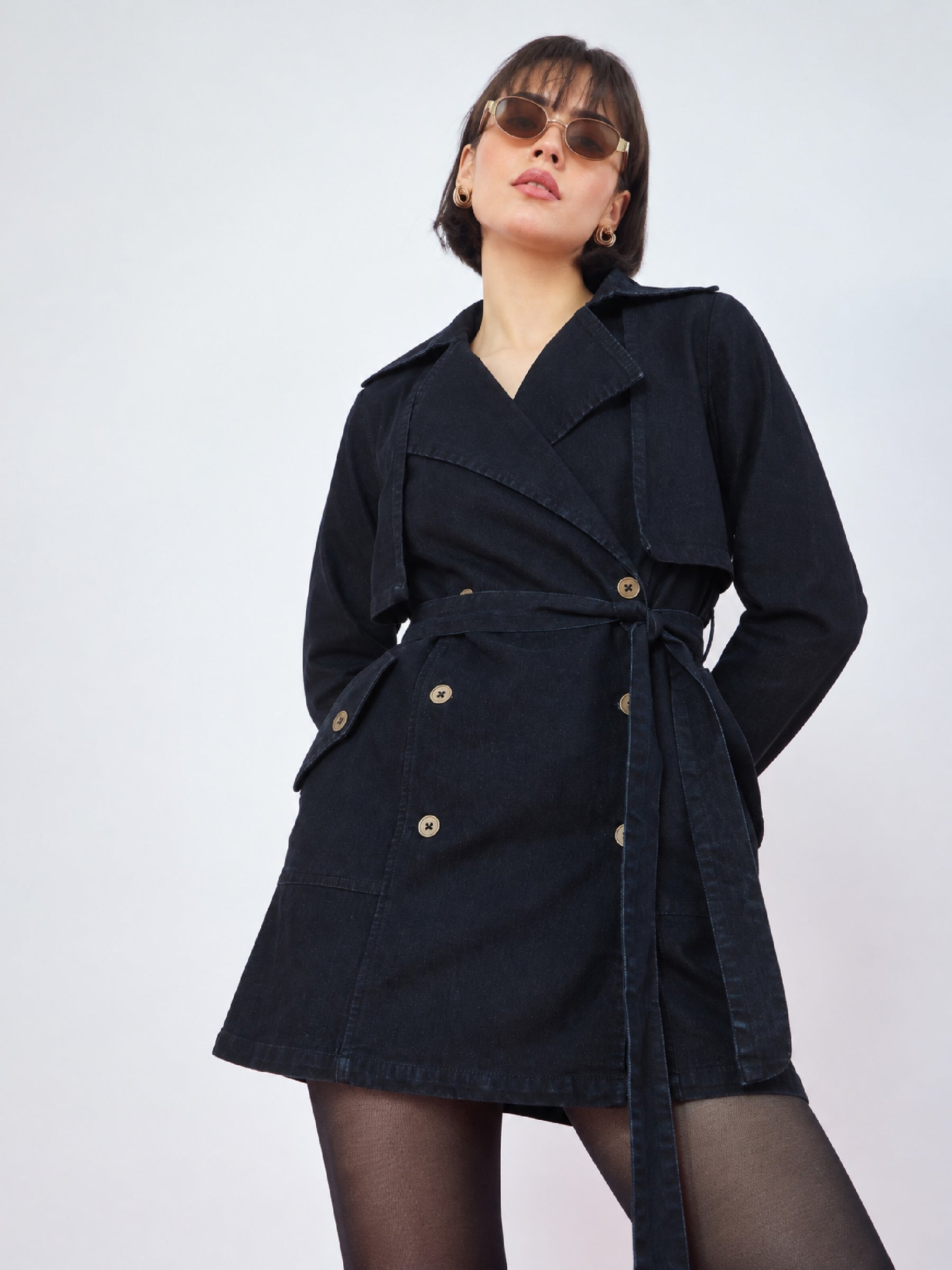 Jet Black Washed Denim Longline Trench Coat-SASSAFRAS