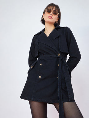 Jet Black Washed Denim Longline Trench Coat-SASSAFRAS