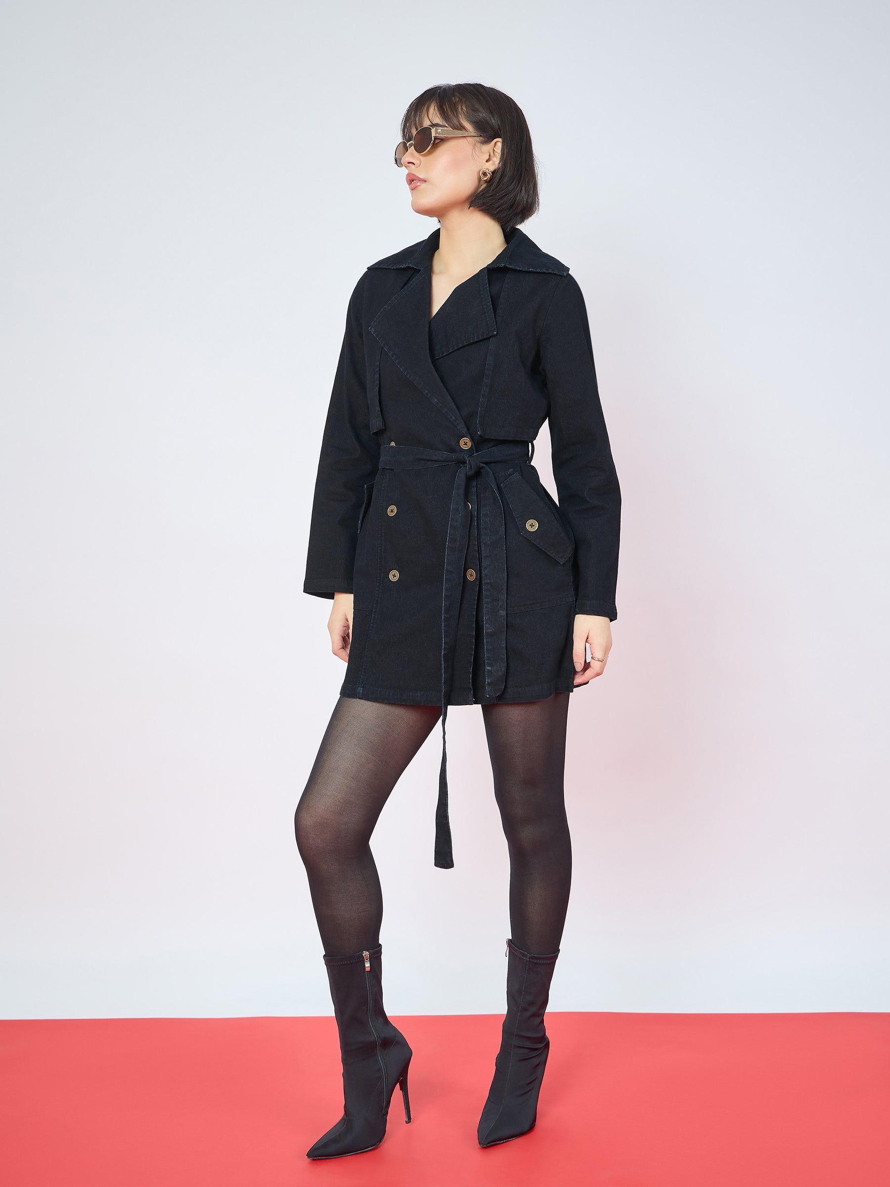 Jet Black Washed Denim Longline Trench Coat-SASSAFRAS