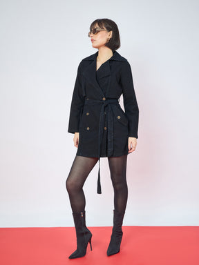 Jet Black Washed Denim Longline Trench Coat-SASSAFRAS