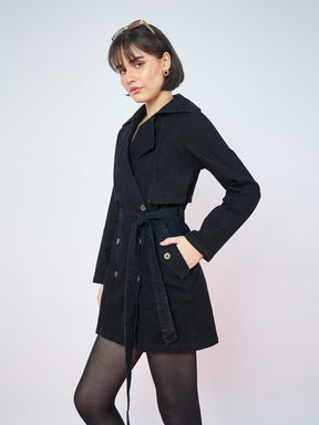 Jet Black Washed Denim Longline Trench Coat-SASSAFRAS