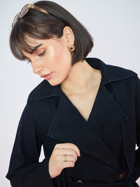 Jet Black Washed Denim Longline Trench Coat-SASSAFRAS