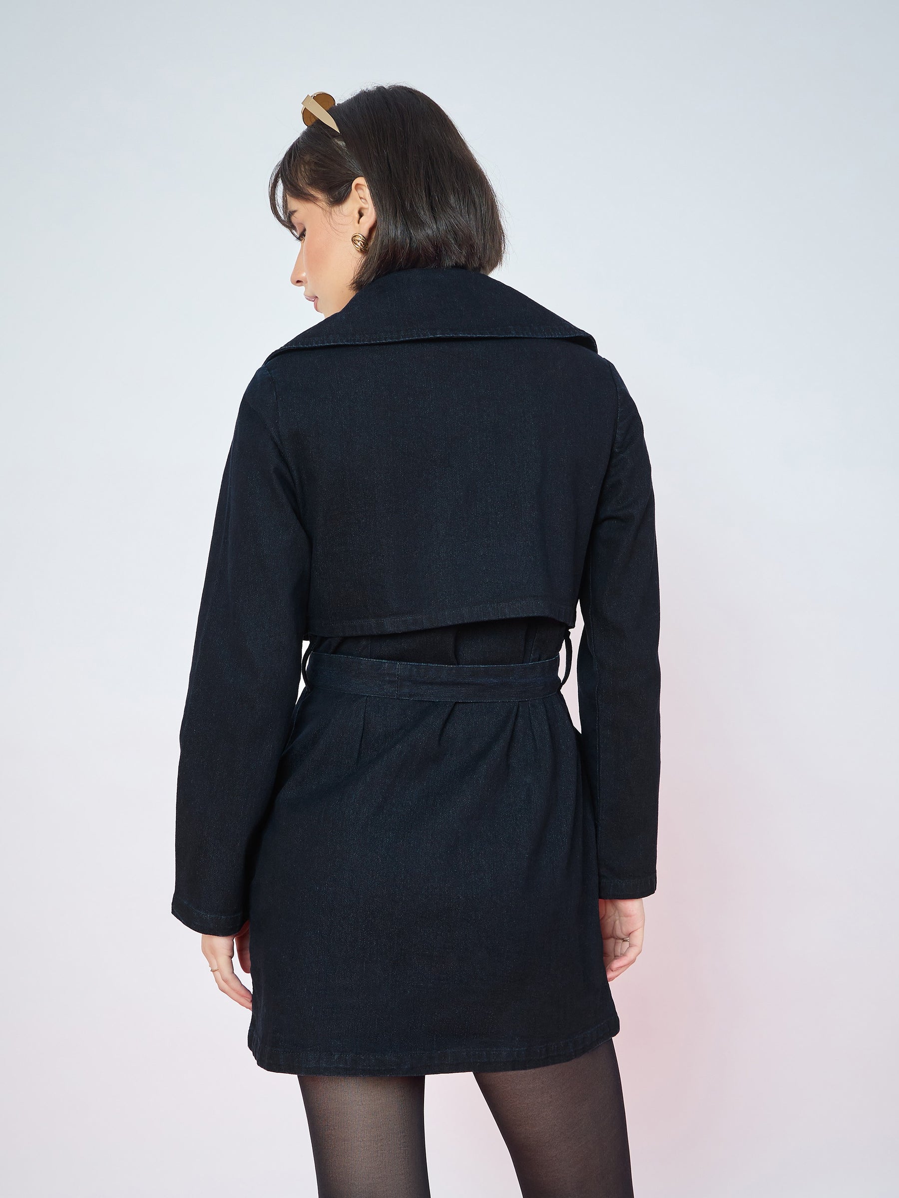 Jet Black Washed Denim Longline Trench Coat-SASSAFRAS