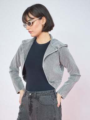 Vintage Grey Denim Front Open Hooded Crop Jacket-SASSAFRAS