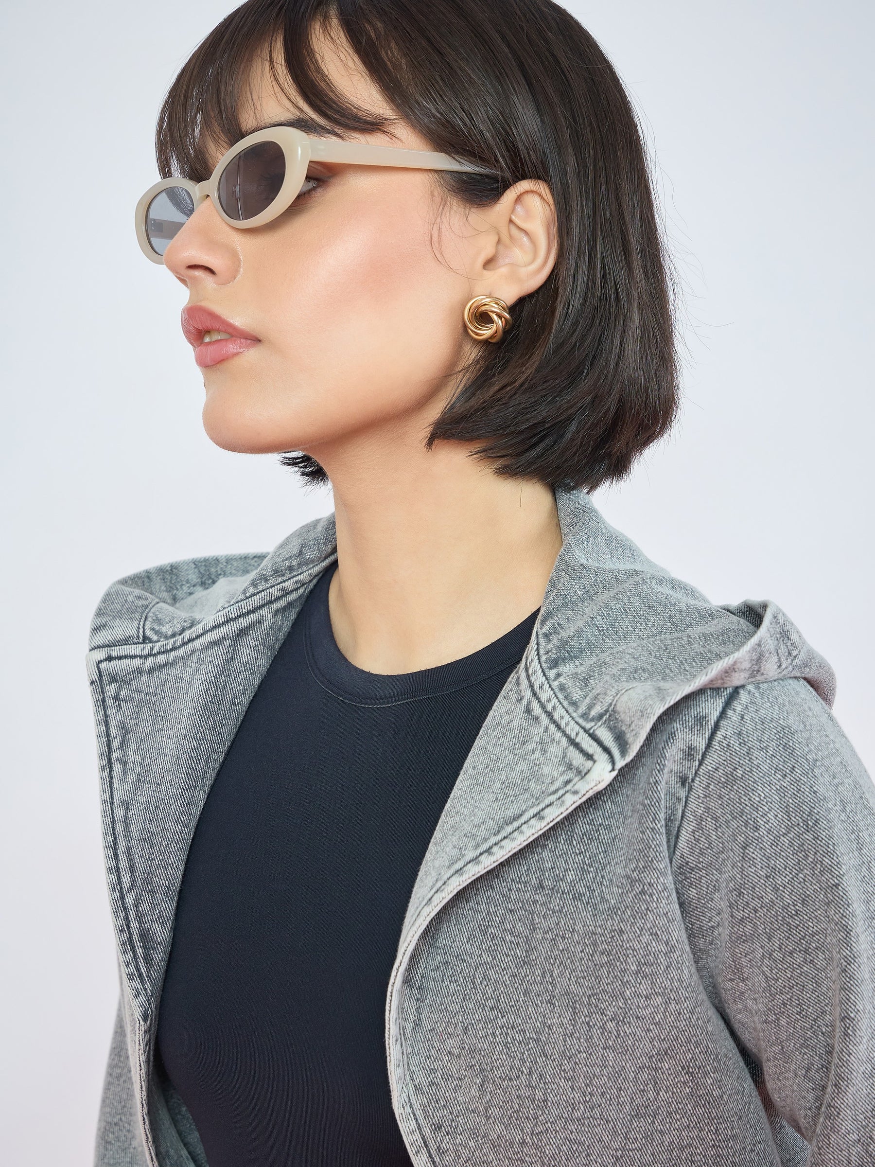 Vintage Grey Denim Front Open Hooded Crop Jacket-SASSAFRAS