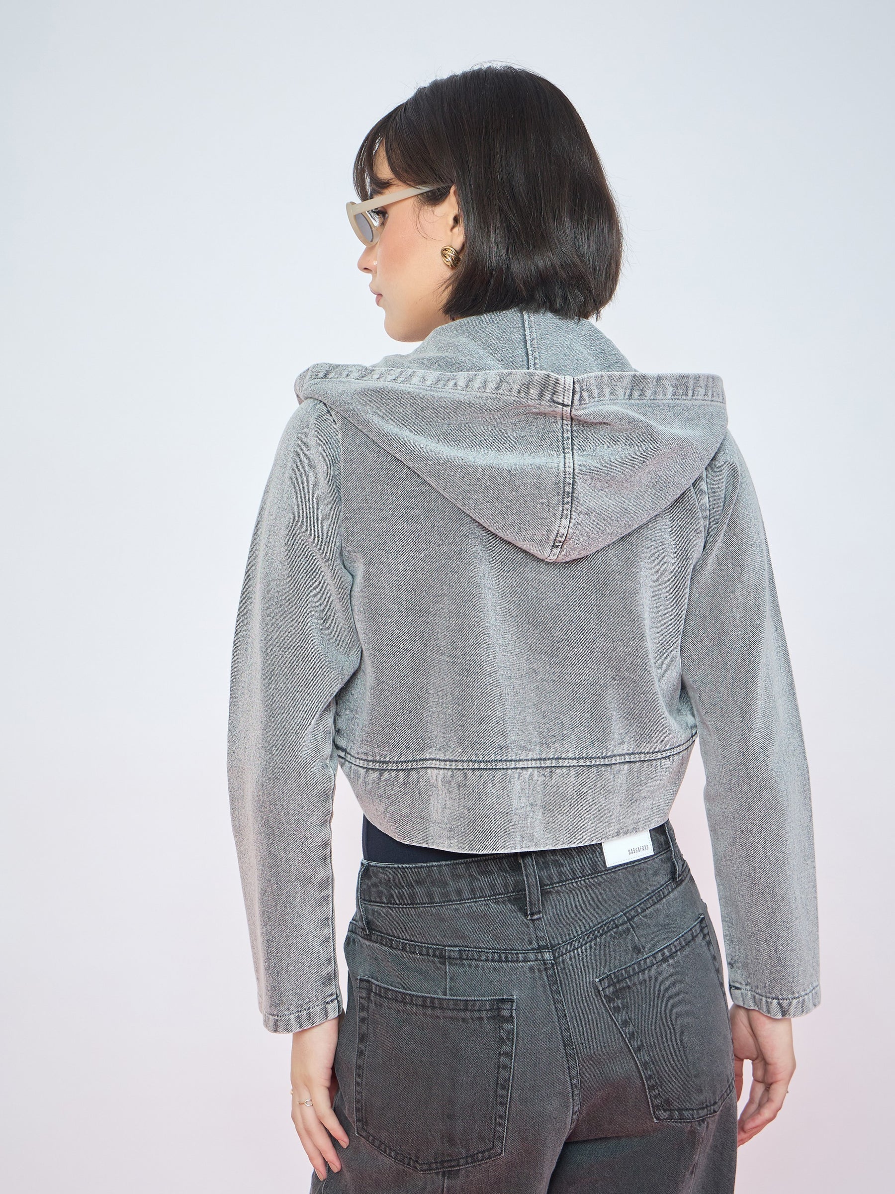 Vintage Grey Denim Front Open Hooded Crop Jacket-SASSAFRAS