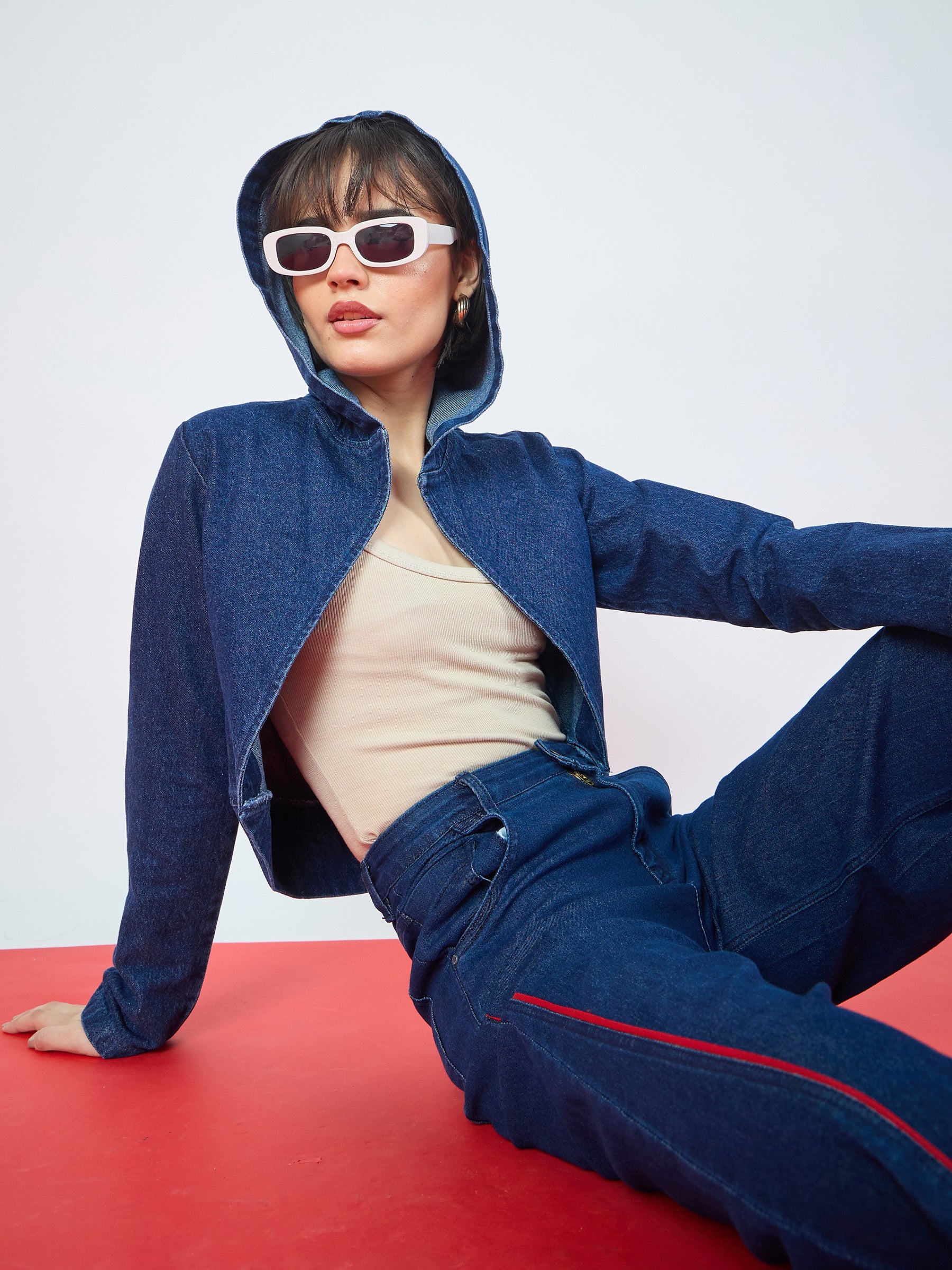 Blue Blast Denim Front Open Hooded Crop Jacket-SASSAFRAS