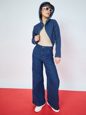 Blue Blast Denim Front Open Hooded Crop Jacket-SASSAFRAS