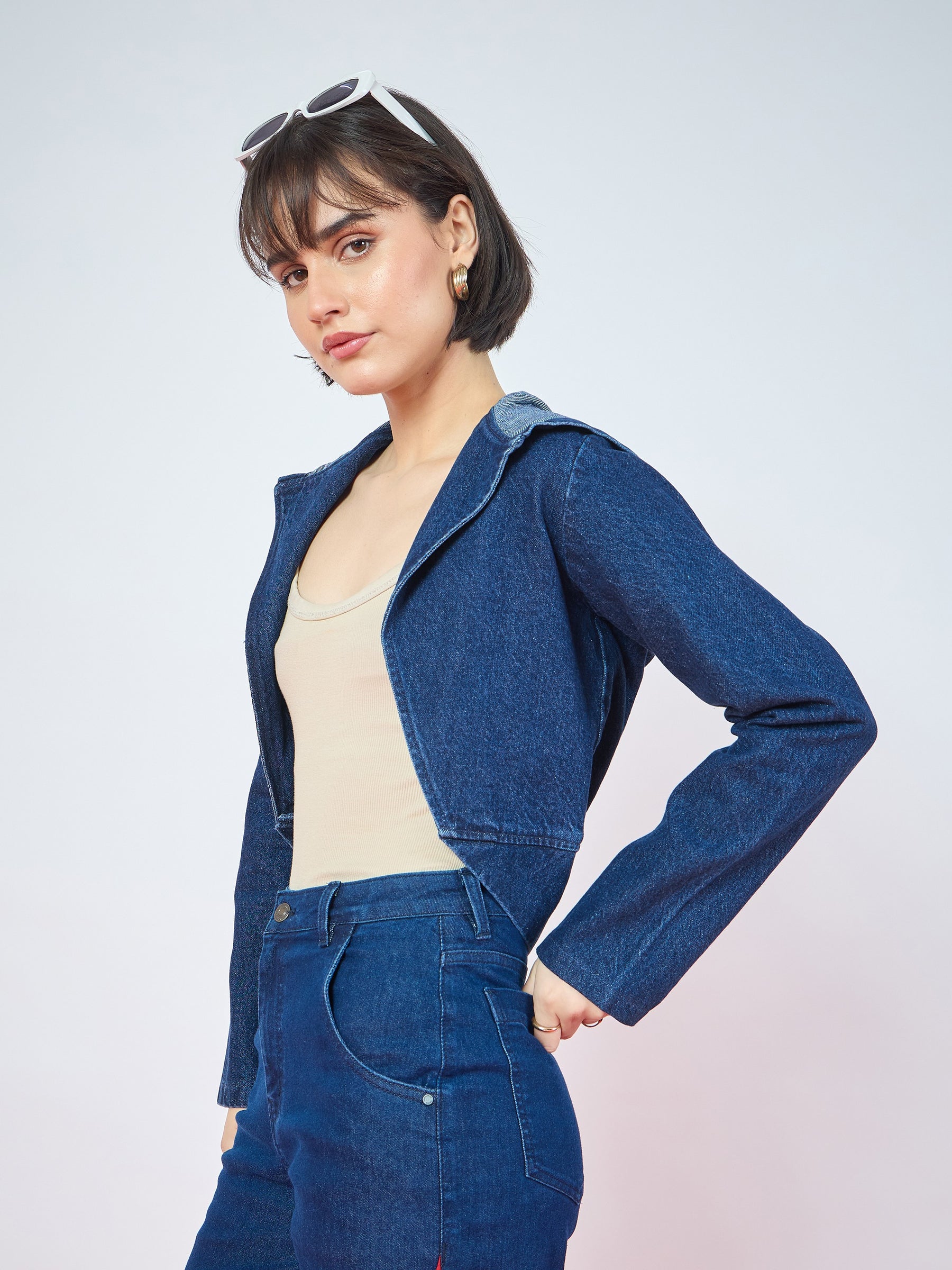 Blue Blast Denim Front Open Hooded Crop Jacket-SASSAFRAS