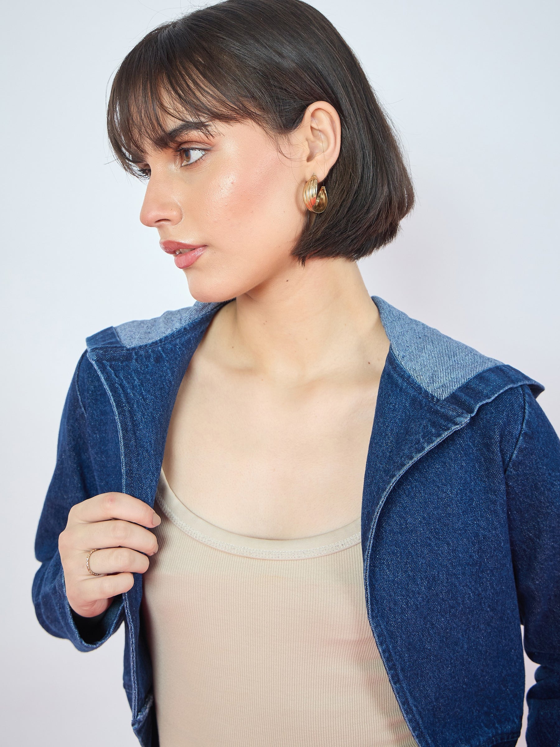 Blue Blast Denim Front Open Hooded Crop Jacket-SASSAFRAS