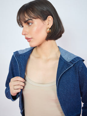 Blue Blast Denim Front Open Hooded Crop Jacket-SASSAFRAS