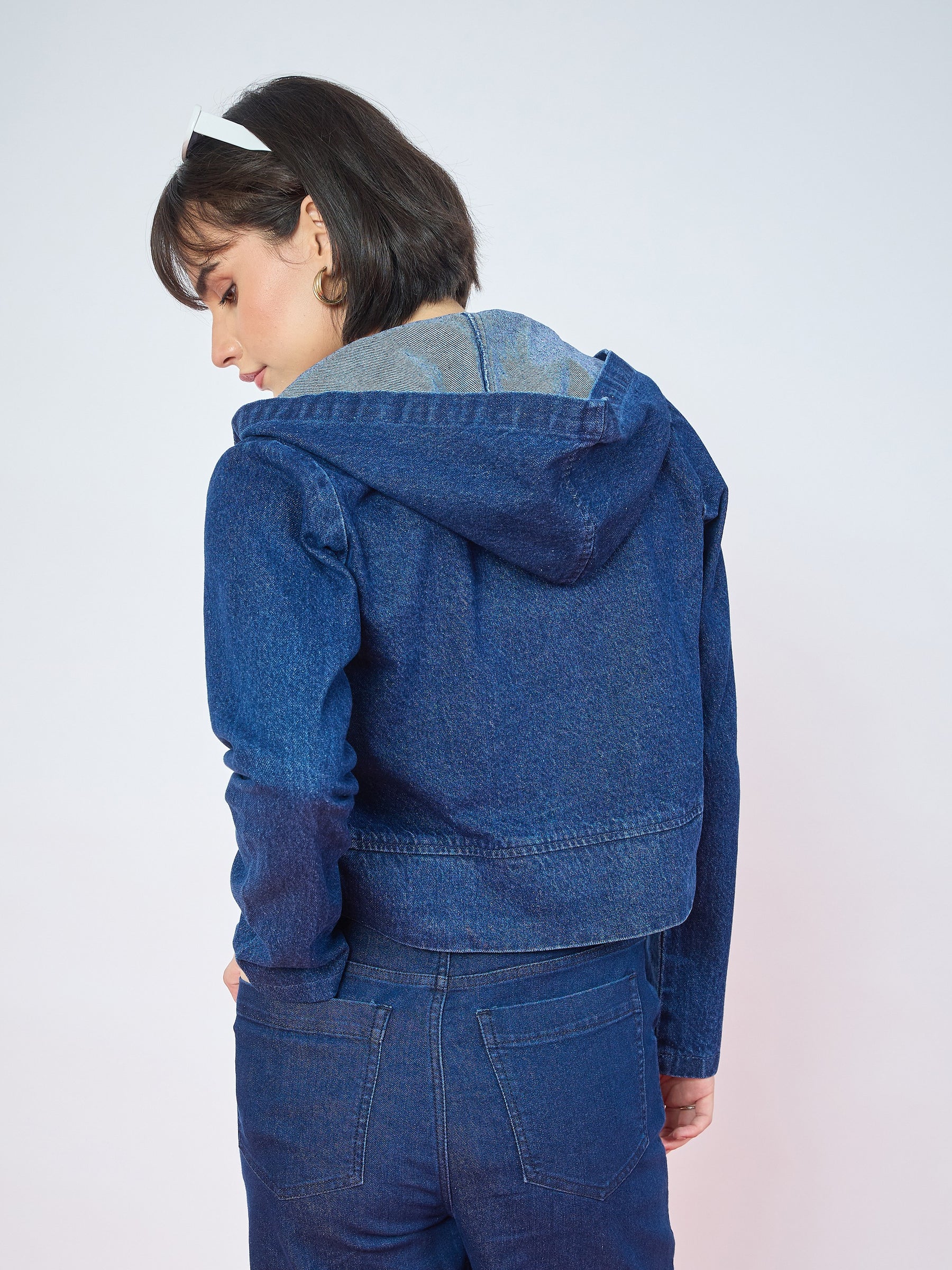 Blue Blast Denim Front Open Hooded Crop Jacket-SASSAFRAS