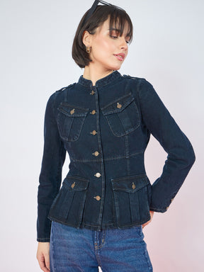Navy Blue Utility Pocket Denim Jacket -SASSAFRAS