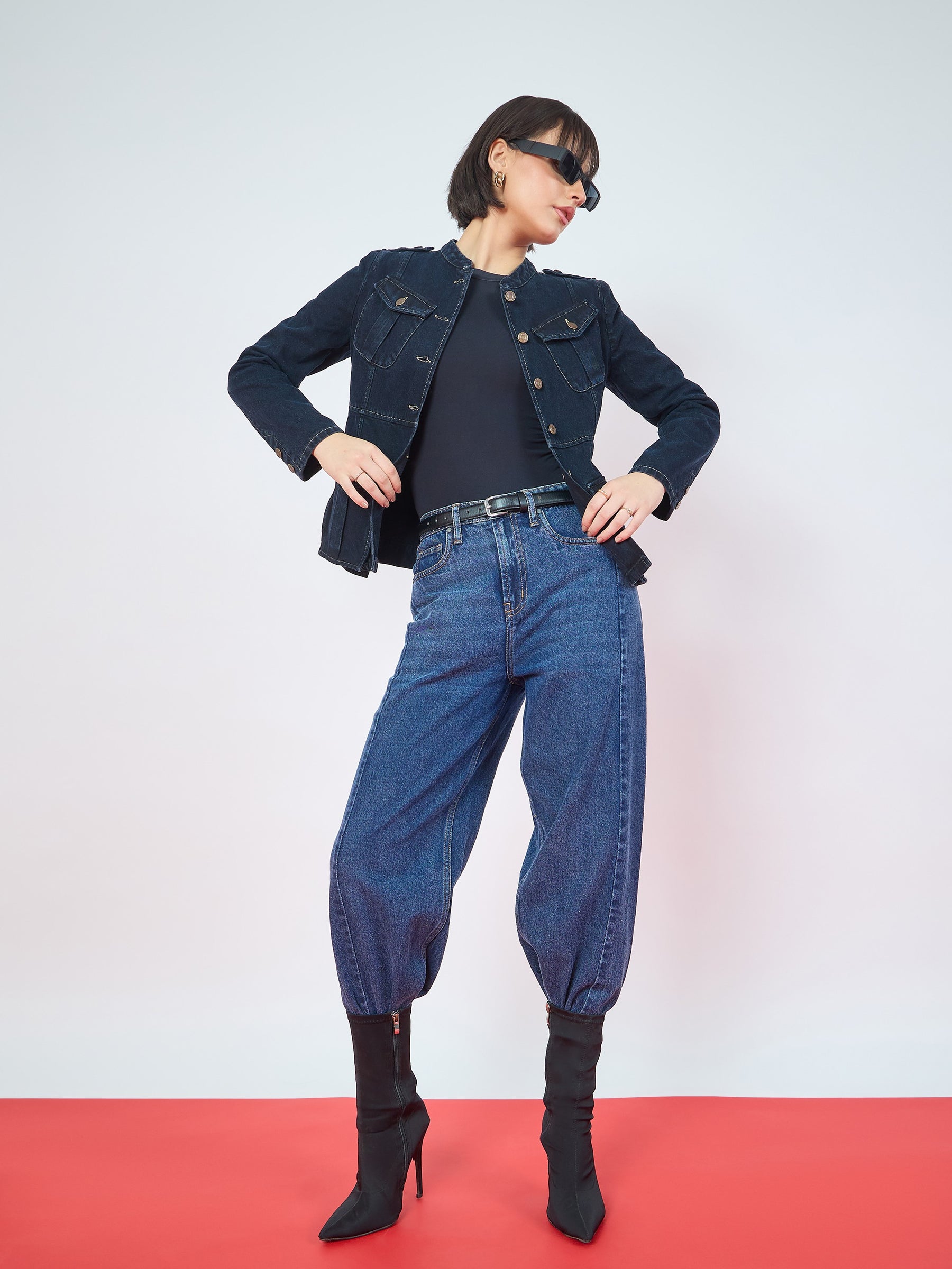 Navy Blue Utility Pocket Denim Jacket -SASSAFRAS
