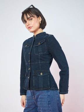 Navy Blue Utility Pocket Denim Jacket -SASSAFRAS