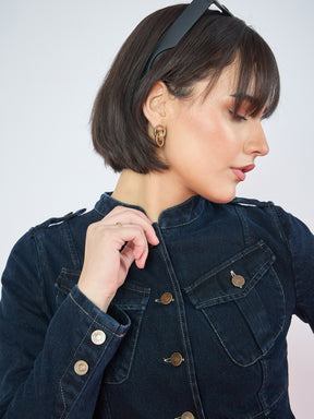 Navy Blue Utility Pocket Denim Jacket -SASSAFRAS