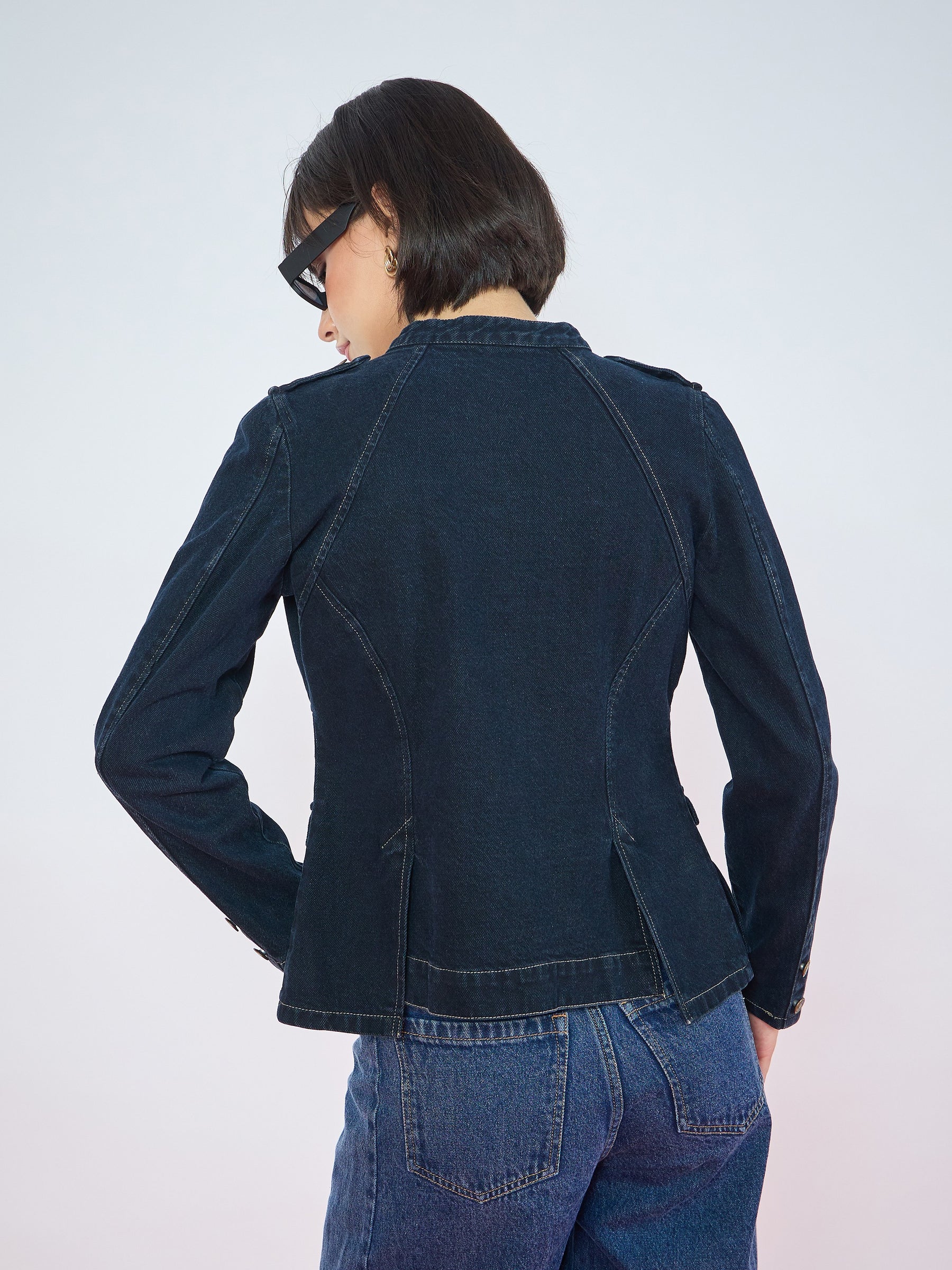 Navy Blue Utility Pocket Denim Jacket -SASSAFRAS