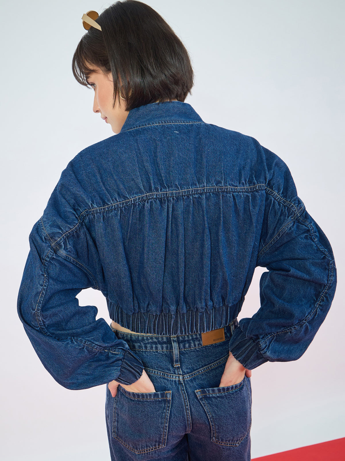 Navy Blue Denim Ruched Oversized Zipper Crop Jacket -SASSAFRAS